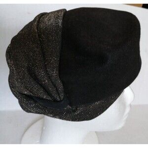 Women's Vintage Hat  Black Wool and Metallic Fabric
